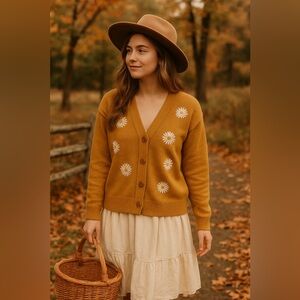 Chic Mustard Cardigan with Floral Design